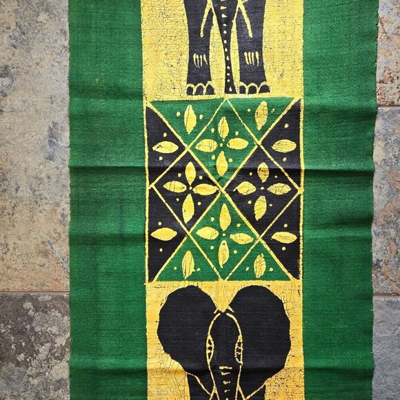 Handmade African Elephant Wall Hanging Green Yellow Black White Painted - Picture 3 of 5